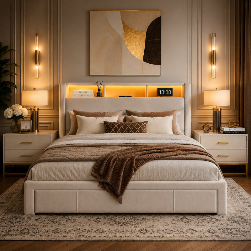 Lit plateforme tapissier avec rangement Beige