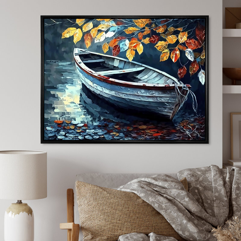 «Canoe on a Lake in Fall V», reproduction sur toile, L 20 po x H 12 po, Cadre flottant noir