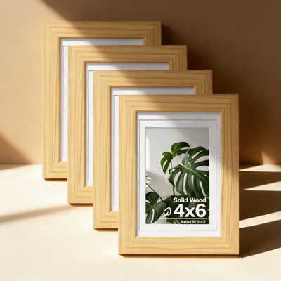 Set Of 4 Natural Wood 4X6 Picture Frames With Plexiglass, Tabletop And Wall Mount Display For 4X6 Photos Or 3X4.5/3.5X5 With Mat, Solid Wood Construction