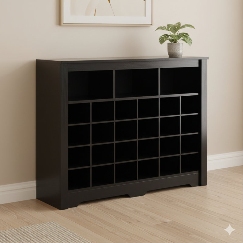 Élégante console de rangement à 24 casiers, armoire à chaussures moderne avec base incurvée, buffet polyvalent de haute qualité pour les couloirs, les chambres à coucher, les salons, finition noire
