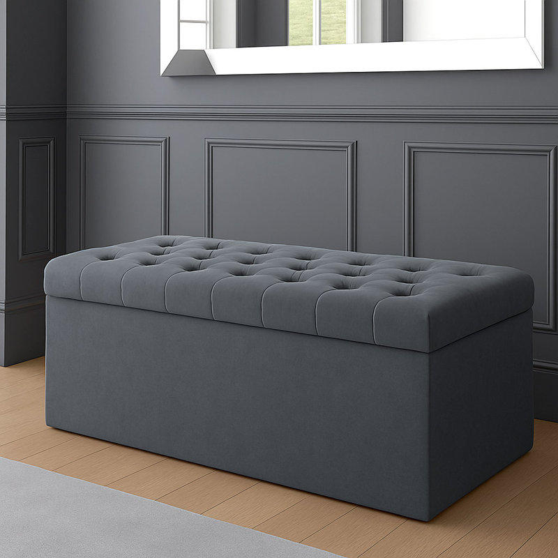 SD Plush Velvet Chesterfield Upholstered Ottoman Storage Box, Steel Grey, 43cm H x 180cm W x 40cm D