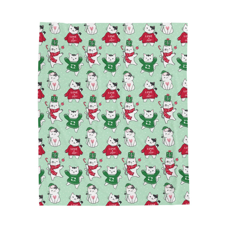 Couverture en velours de velours de coton / Merry Catmas, Jeté, Blanc / Vert / Rouge