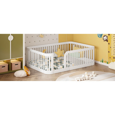 Wood Full Size Wood Floor Bed Frame With Fence, White(Expected Arrival Time: 9.30)