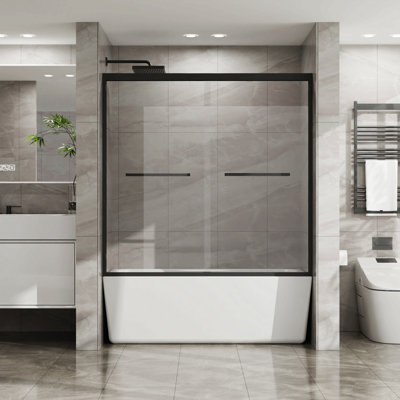 Porte de douche double coulissante 60 po X P 58 po Cabine de douche à cadre en aluminium H pour baignoire avec verre trempé transparent Sgcc, quincaillerie en acier inoxydable, noir mat