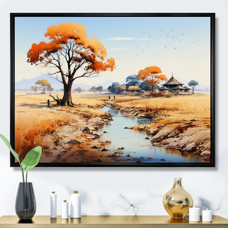 «Orange Orange Beige, Village africain, Visions I», reproduction sur toile, Cadre flottant noir, H 34 po x l 44 po x P 1,5 po