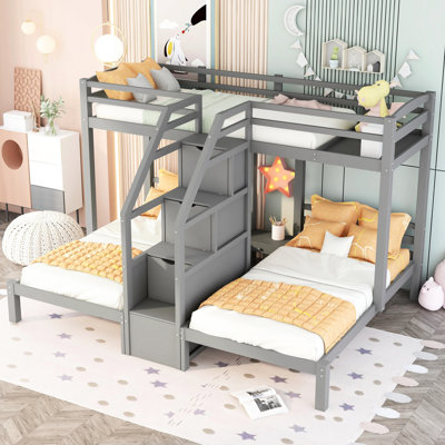 Lit simple au-dessus et superposé gris avec escalier et support - crée un espace de rangement pratique