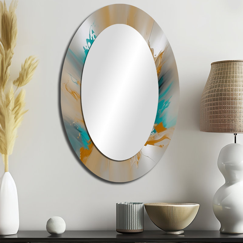 Marbre jaune et turquoise Fuild Ink - miroir mural ovale moderne jaune, 36 po x 24 po