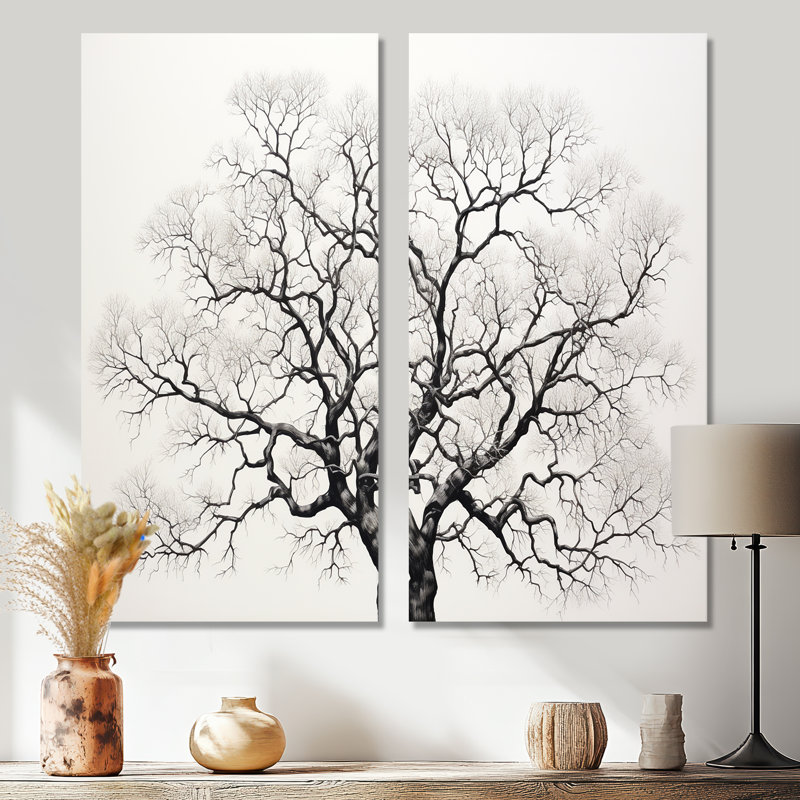 Minimalisme, arbres noirs et blancs en chêne - Art mural traditionnel, 20" H x 24" W, Framed Wrapped Canvas, Does Not Apply