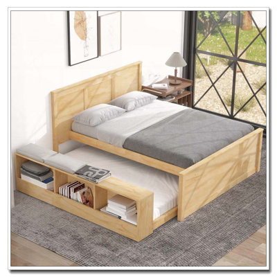 Lit plateforme en bois avec lit gigogne escamotable, armoire de rangement