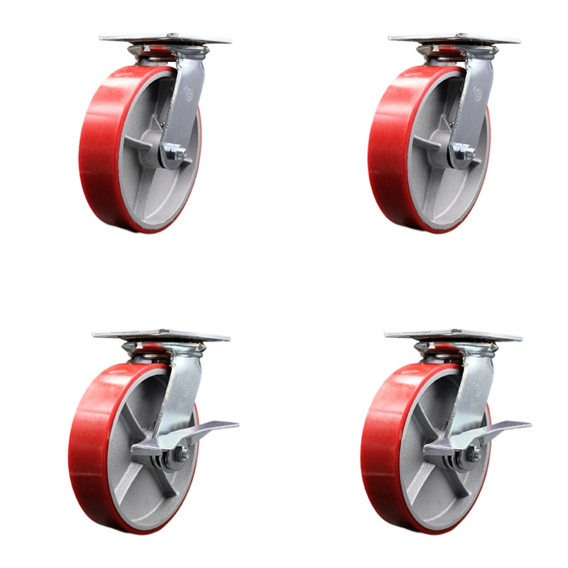 4-Piece Polyurethane and Cast Iron Caster Set, Red