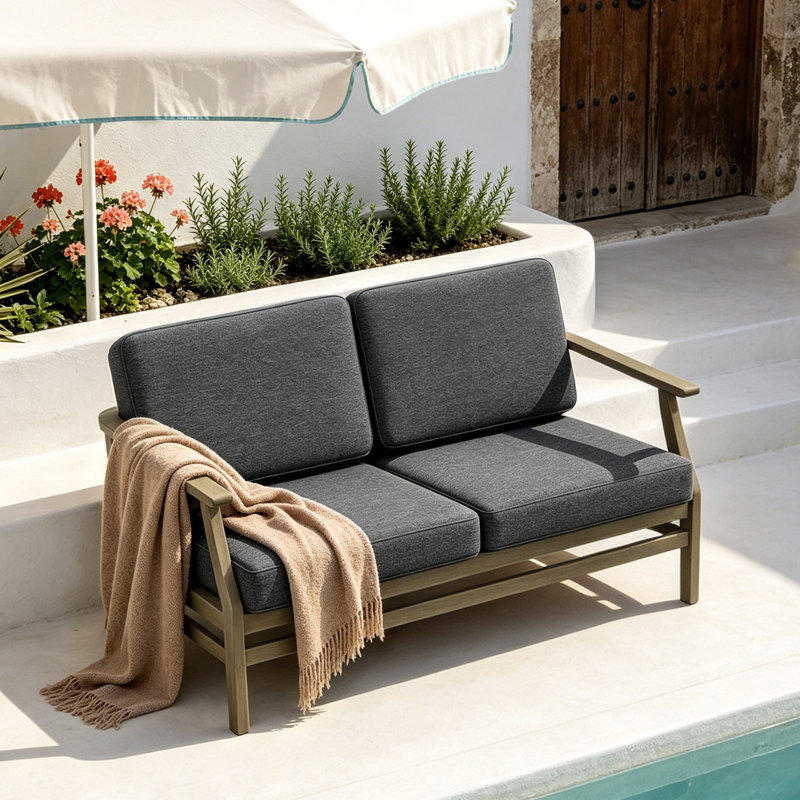 Clinkscales Solid Wood Teak Outdoor Loveseat With Cushion And Arms, Brown, Dark Gray