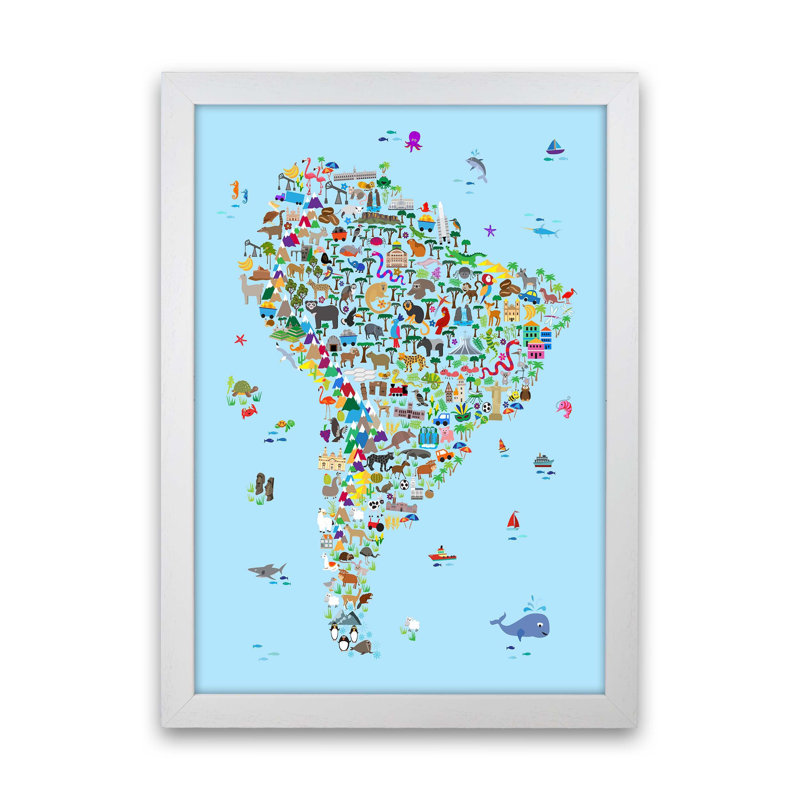 Animal Map Of South America by Michael Tompsett - Print, 34cm H x 25cm W x 3cm D, White Framed