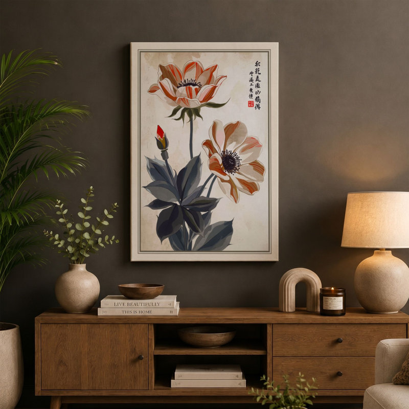 Coral Blooms in Decline Japandi - Wrapped Canvas, 36x24 - 91.4 x 61.0 cm, Cream Border