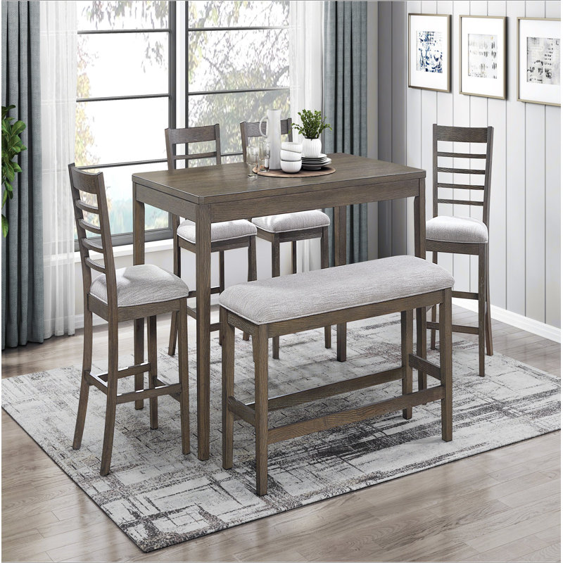Élégante table de salle à manger à hauteur de comptoir 6 pièces avec banc et chaises