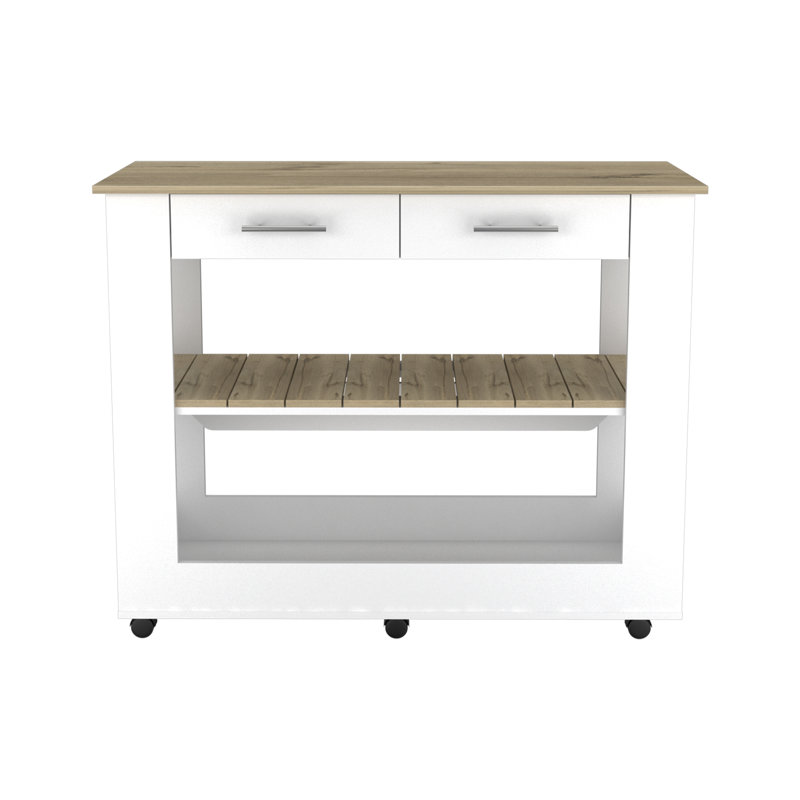 Cala Kitchen Island 46, Six Casters, Two Drawers, Lower Open Shelf - Light Oak, White/Light Oak
