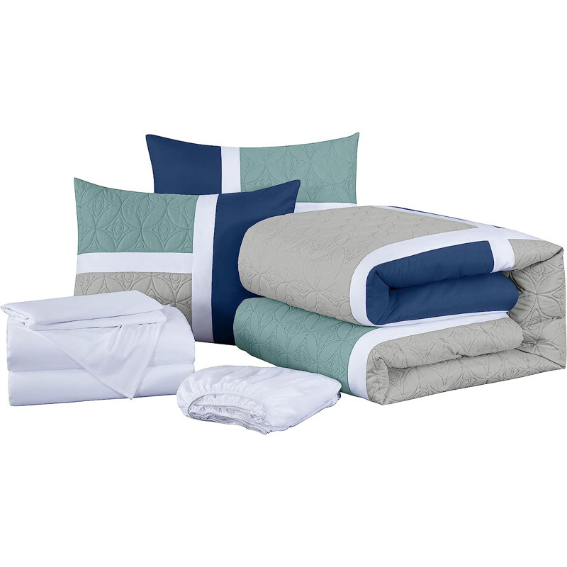 Navy Blue and Gray Microfiber Queen Bed in a Bag Set