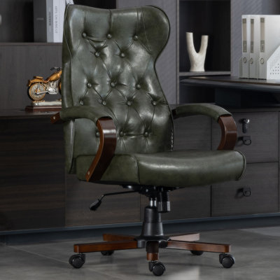 Swivel Executive Office Chair, Vintage Wingback Faux Leather Chair, Solid Wood Armrest, Smooth Rolling Wheels, Rocking Design, 330lbs Capacity For Home & Living Room