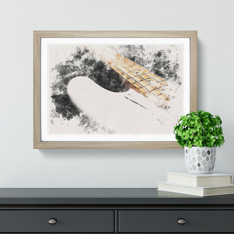 Strings of a White Bass Guitar - Picture Frame Graphic Art Print, Oak Framed, 62cm H x 87cm W x 2cm D