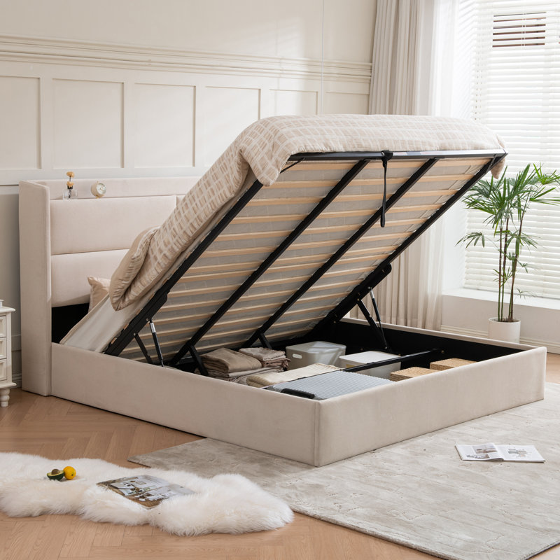 Lit plateforme tapissier avec levage hydraulique, Beige, Très grand
