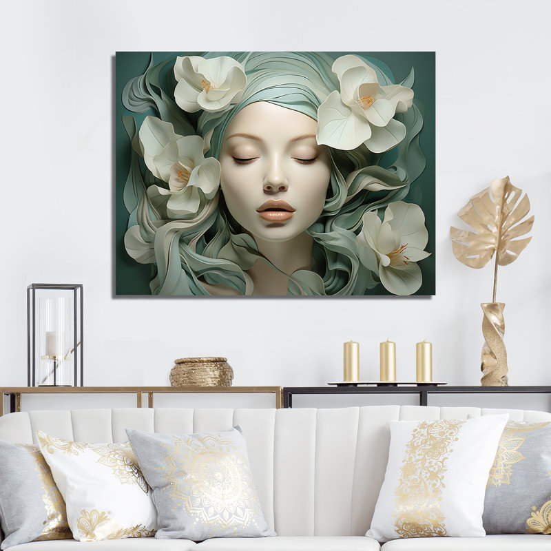 Femme verte et blanche avec une fleur sur le visage I - art mural mode, Toile tendue, H 12 po x l 20 po x P 1 po