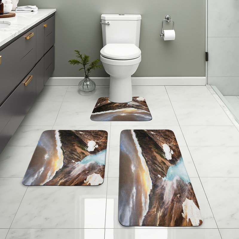  Yellowstone Bathroom Rug Set 3 Pieces U-Shape & Rectangle Mats Brown