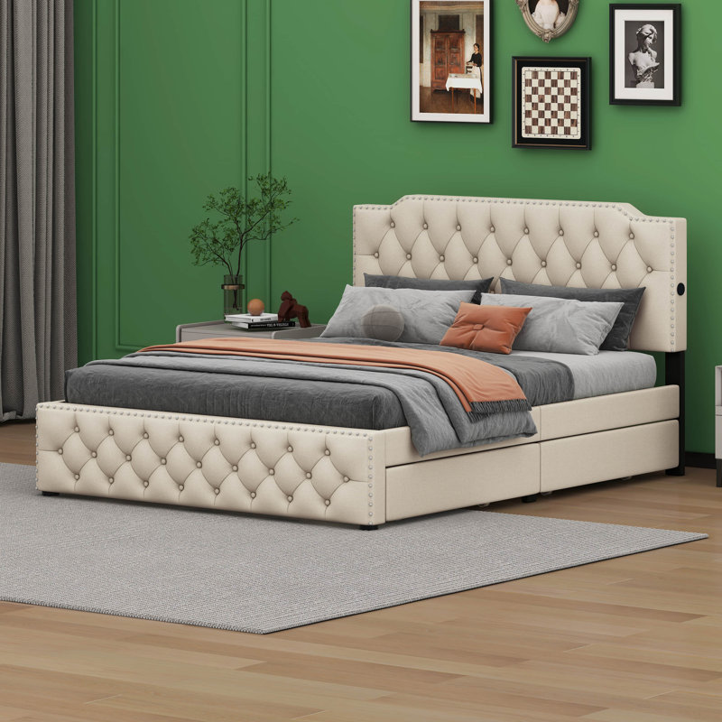 Jontrell Upholstered Panel Storage Bed, Beige