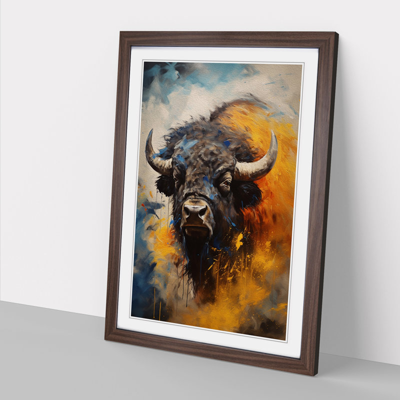 Buffalo Gestural Art - Framed Print, 34cm H x 25cm W x 2cm D, Walnut Framed