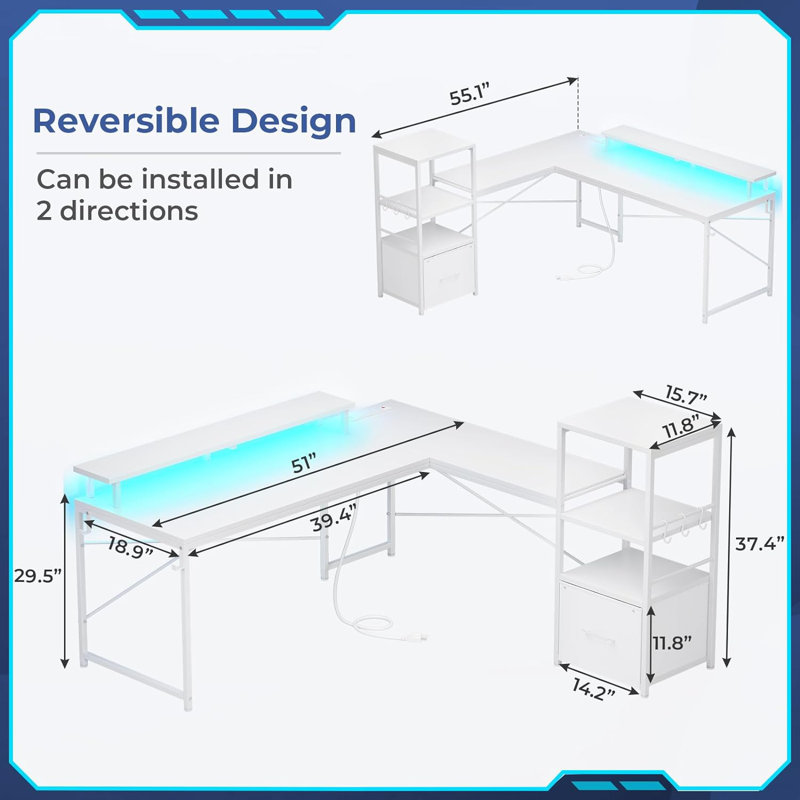 Shontae L-Shaped Computer Desk with Power Outlet, White