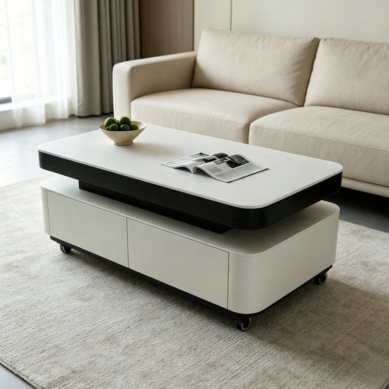 Table basse élégante avec tiroir de rangement en bois, H 18,5 po x l 47,24 po x P 23,62 po, Blanc / noir / crème