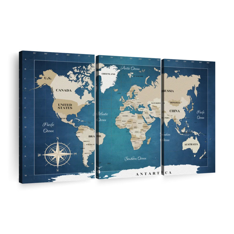 Carte du monde cobalt 3 pièces, H 20 po x l 33 po x P 1,25 po