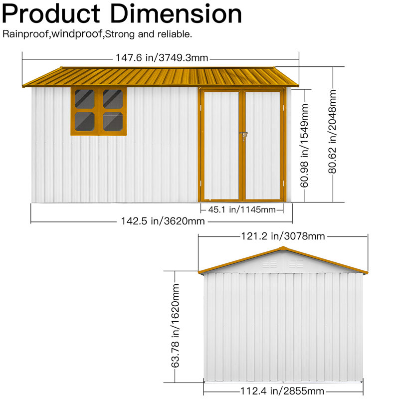 Remise en métal 10 pi x 12 pi pour le jardin - Toit imperméable, rangement pour portes et fenêtres verrouillables, avec évent