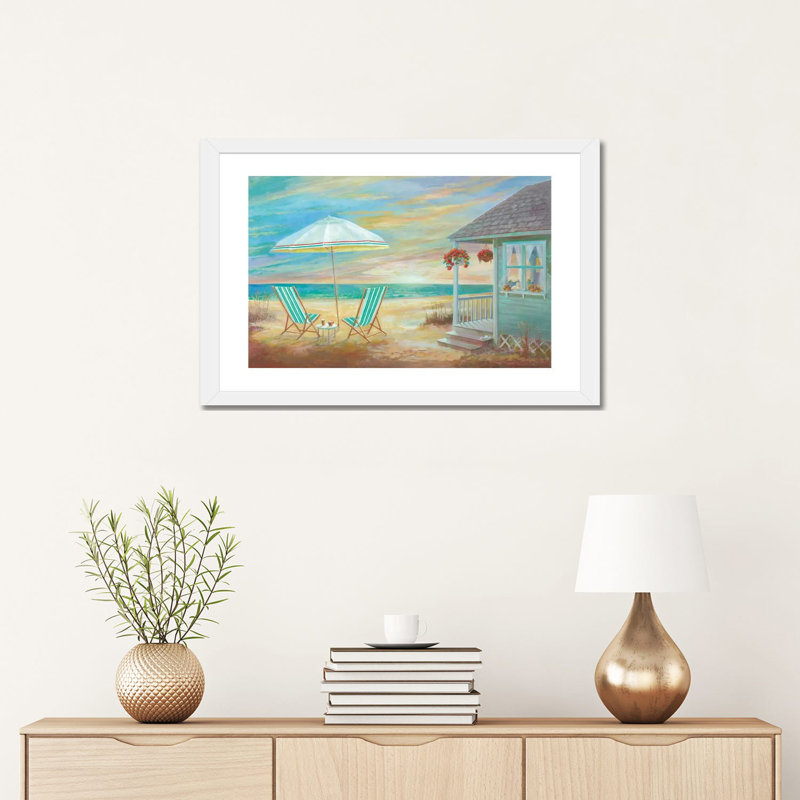 «Beach Cottage» par Ruane Manning - reproduction d'art, H 16 po x l 24 po x P 1 po, Papier encadré blanc, Blanc