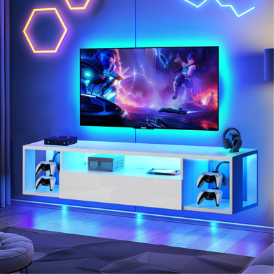 55" TV Gaming Console With LED Lights - 4 Controller Hooks & 2 Headphone Hooks, Hidden Storage Cabinet, 30KG Top Load Capacity