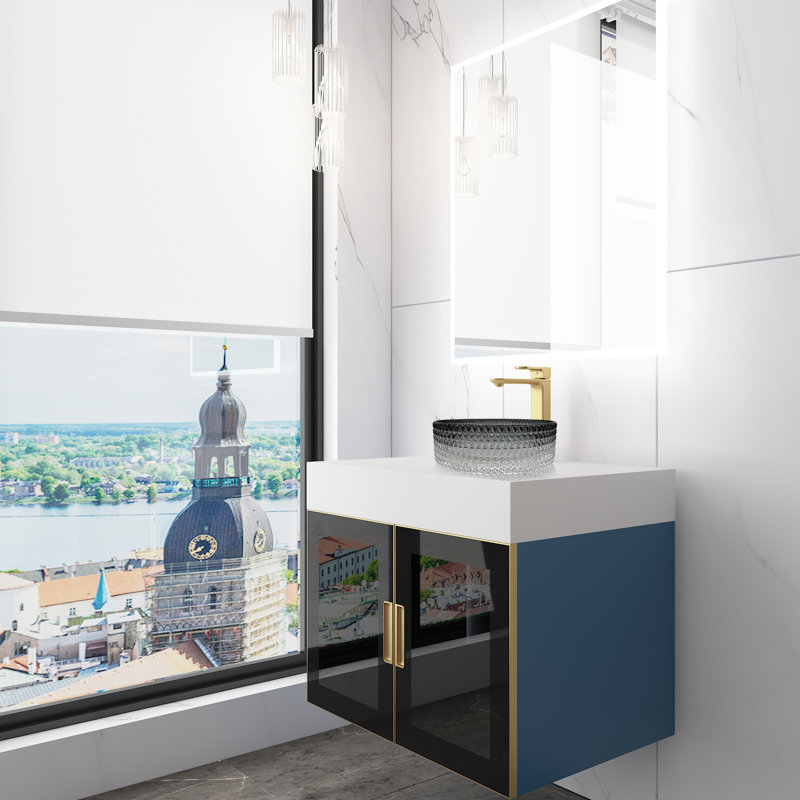 Meuble-lavabo mural moderne de luxe avec comptoir à surface solide de 36 po et lavabo vasque rond en verre, Dégradé noir