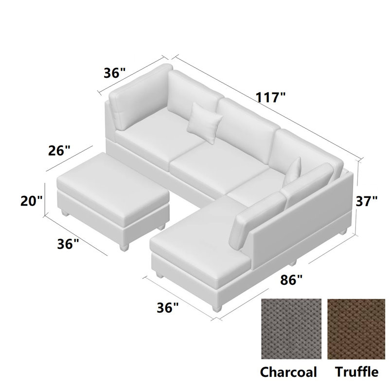 Upholstered L-Shaped Sectional Reversible, Truffle Microfiber/Microsuede