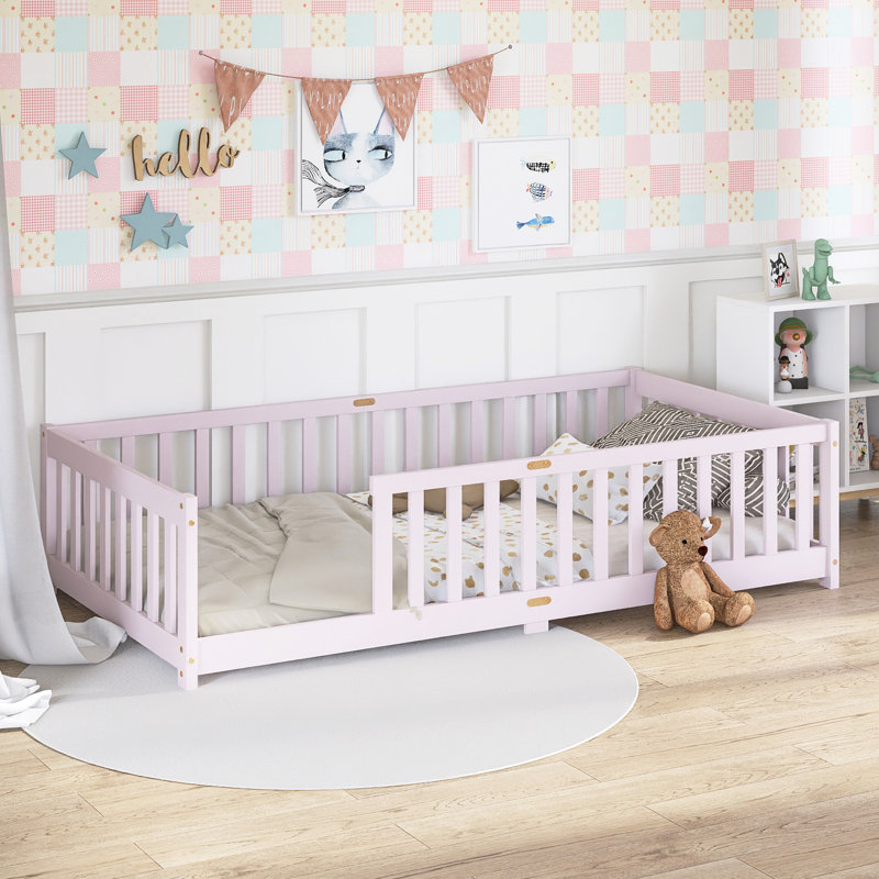 Lit simple en bois avec garde-corps, Rose