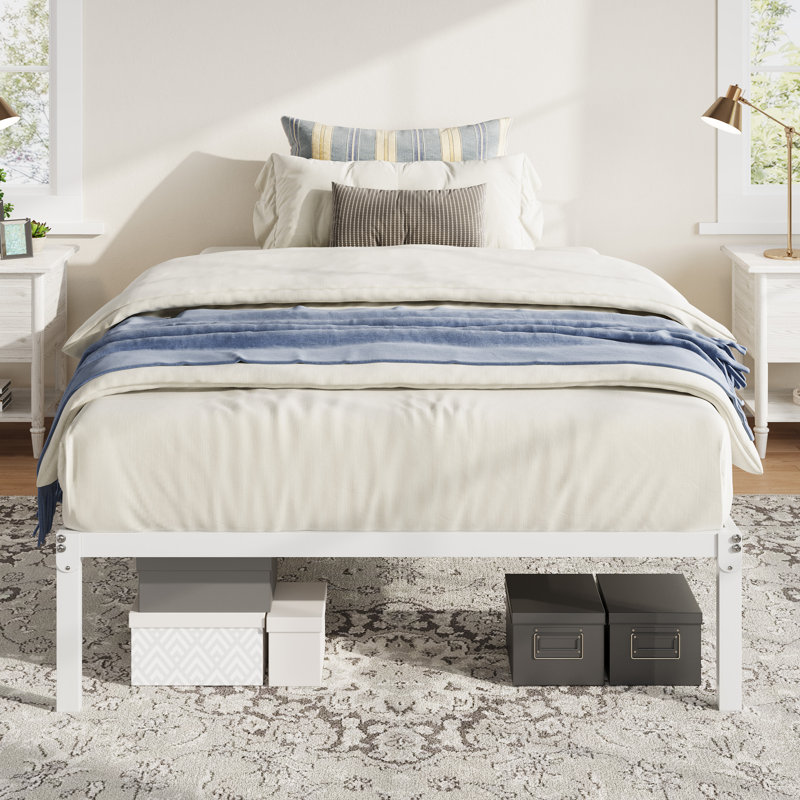 Structure de lit plateforme en métal 12 pouces avec espace de rangement, Lit simple, Blanc, 12"