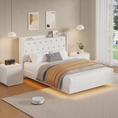Bed Frame, Upholstered Full Bed Frame with Crystal Tufted Headboard, LED Lights and Storage Shelves, Heavy Duty Metal Platform Bed Noise-Free