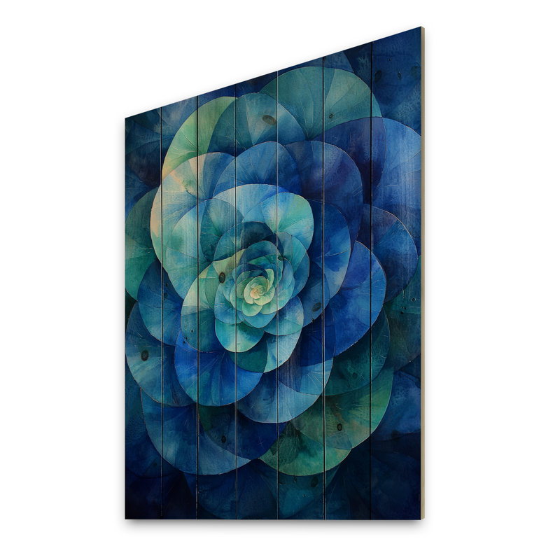 Hortensia bleu et vert Vortex III - art mural bois d'hortensia - sur bois de pin naturel, H 32 po x l 24 po x P 0,78 po