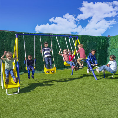 Sportspower Royal Fun Metal Swing Set With 2 Swings, Standing Swing, 2 Person Roman Glider Swing, & 5' Slide, Bonus Anchor Kit Included