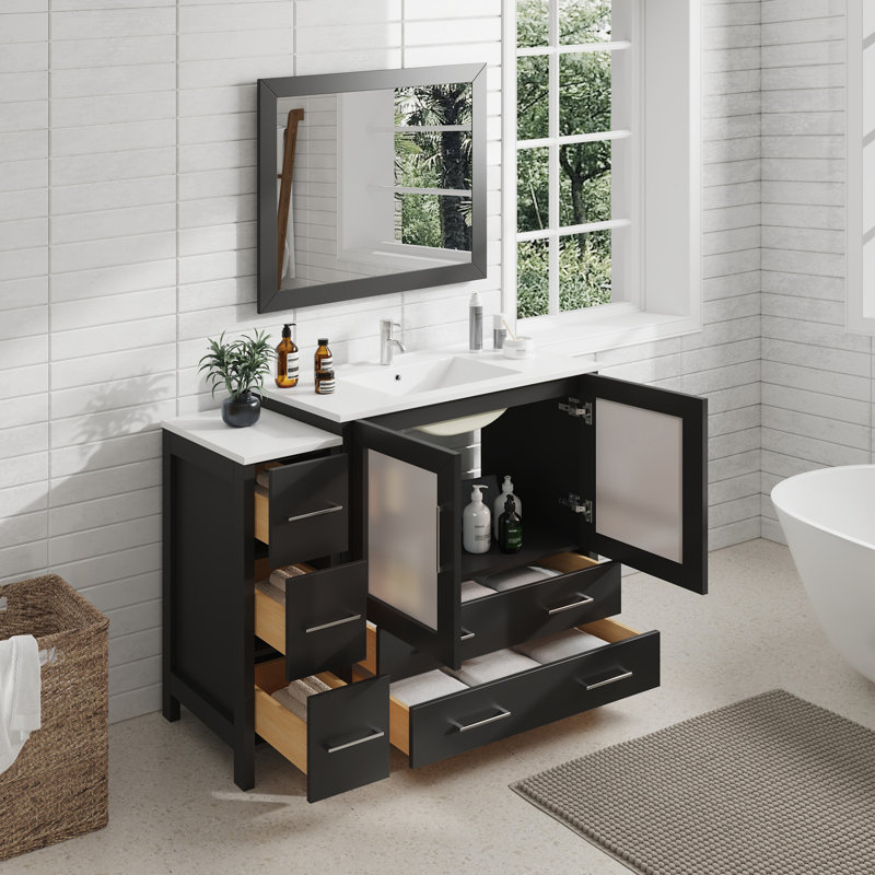 Ensemble de meuble-lavabo autoportant 48 po avec plateau en céramique et miroir assorti Brescia, Espresso