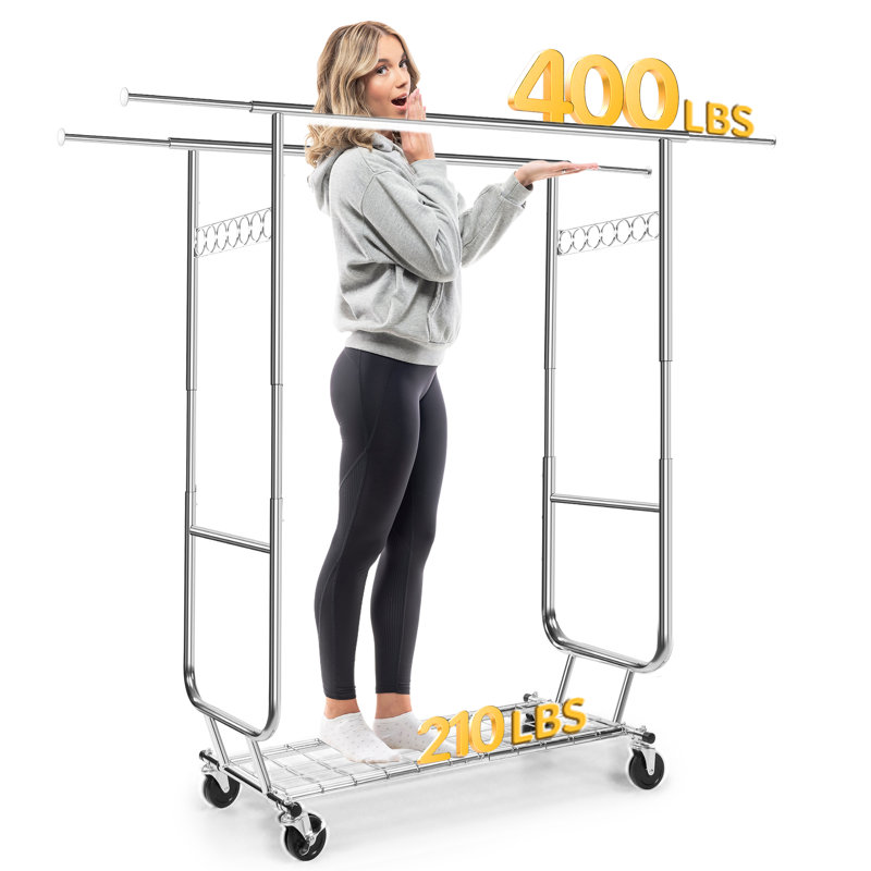 Heavy Duty Silver Metal Rolling Clothes Rack with Shelves