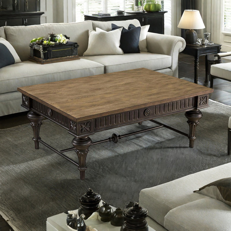 Square made old carved coffee table, 18.1" H x 51.2" L x 31.5" W