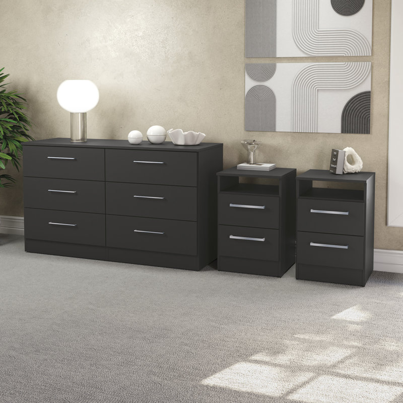 Ensemble de chambre à coucher noire 3 pièces Cambridge - 1 commode et 2 tables de chevet, Noir