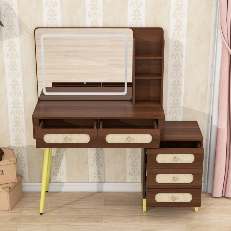 Bureau de coiffeuse en bois avec miroir lumineux, 5 tiroirs et tablettes de rangement, Brun