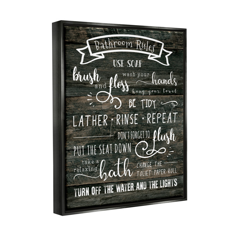Art rustique sur toile, "Rustic Bathroom Rules Sign" par CAD, Cadre flottant noir de jais, H 21 po x l 17 po x P 1,7 po