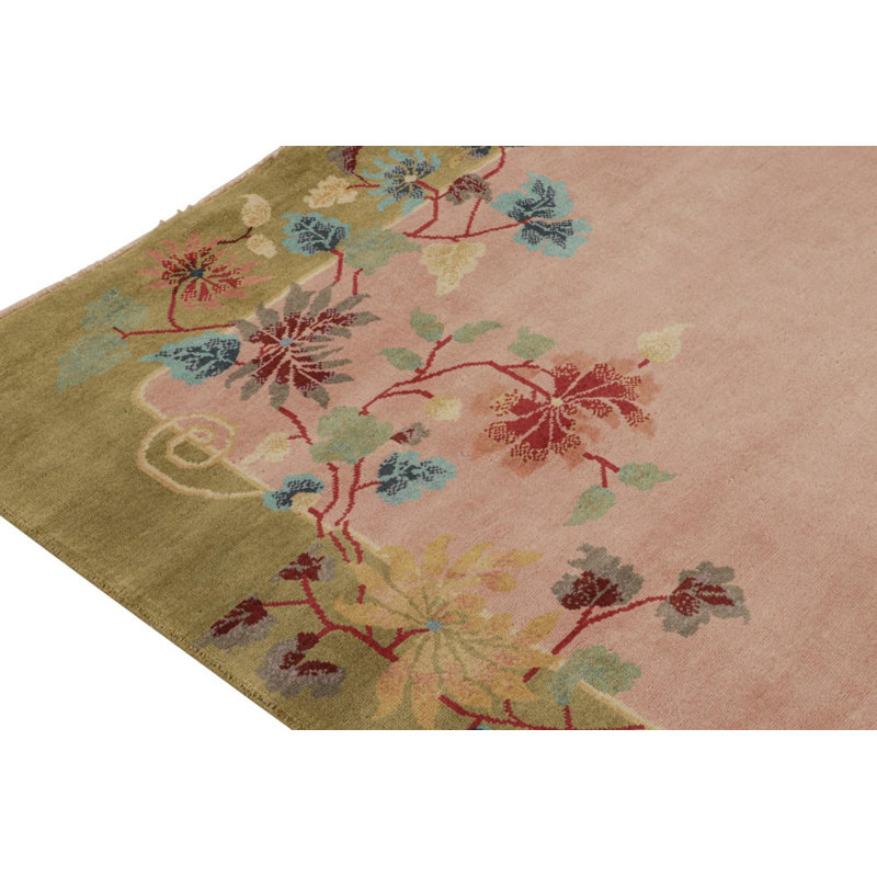 Rug & Kilim’S Chinese Style Art Deco Rug In Pink & Green With Colorful Florals, Rectangle 5'10" x 8'8"