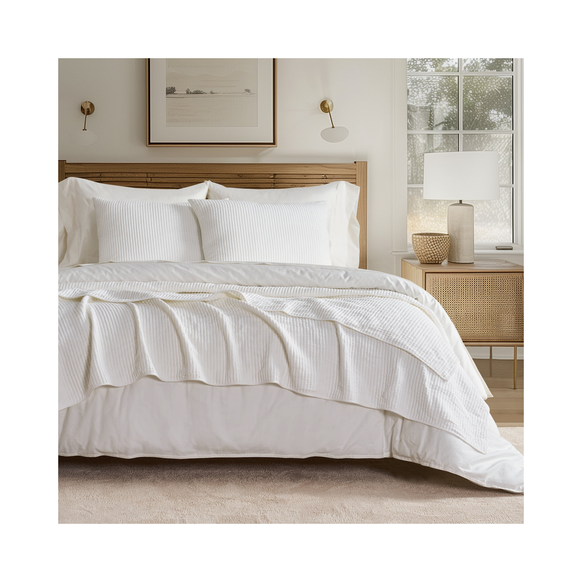Ribbed Matelassé Cotton Coverlet Set, King Quilt + 2 King Shams, Bright White