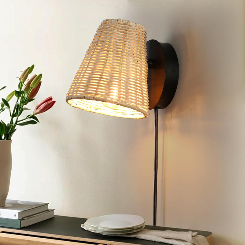 Industrial Hand-woven Rotate Bamboo Lampshade Hanging Wall Lamp With Switch