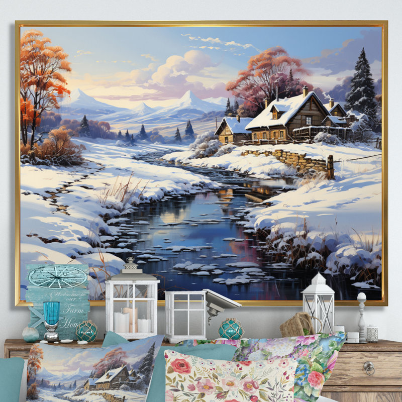 Winter Country Charm Landscape I, H 16 po x l 32 po x P 1 po, Cadre flottant doré